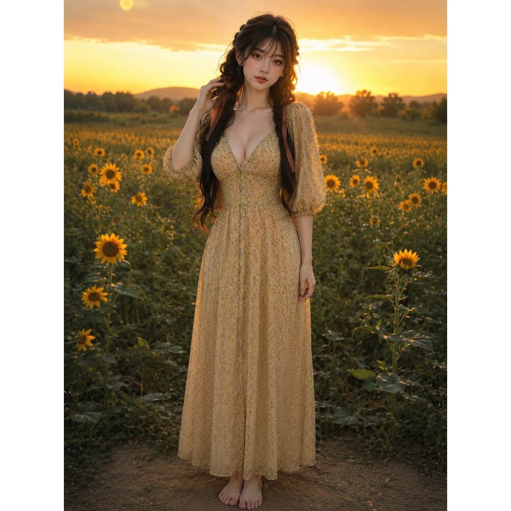 Sunny with a Chance of Blooms meadow floral sheer dreamy maxi dress M - Picture 2 of 9